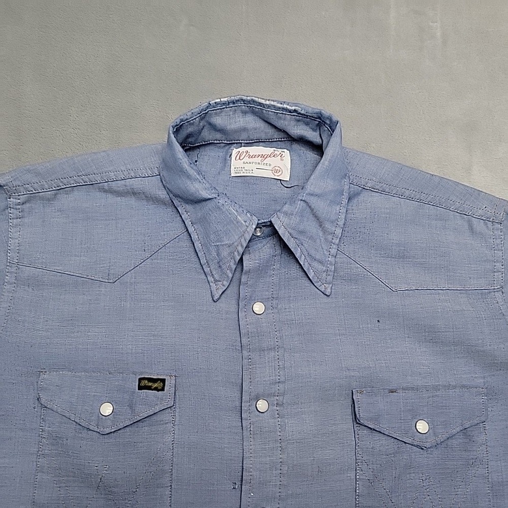 VTG Wrangler Western Pearl Snap Shirt Mens 16.5 Blue Cowboy Workwear Made In USA - Picture 5 of 10